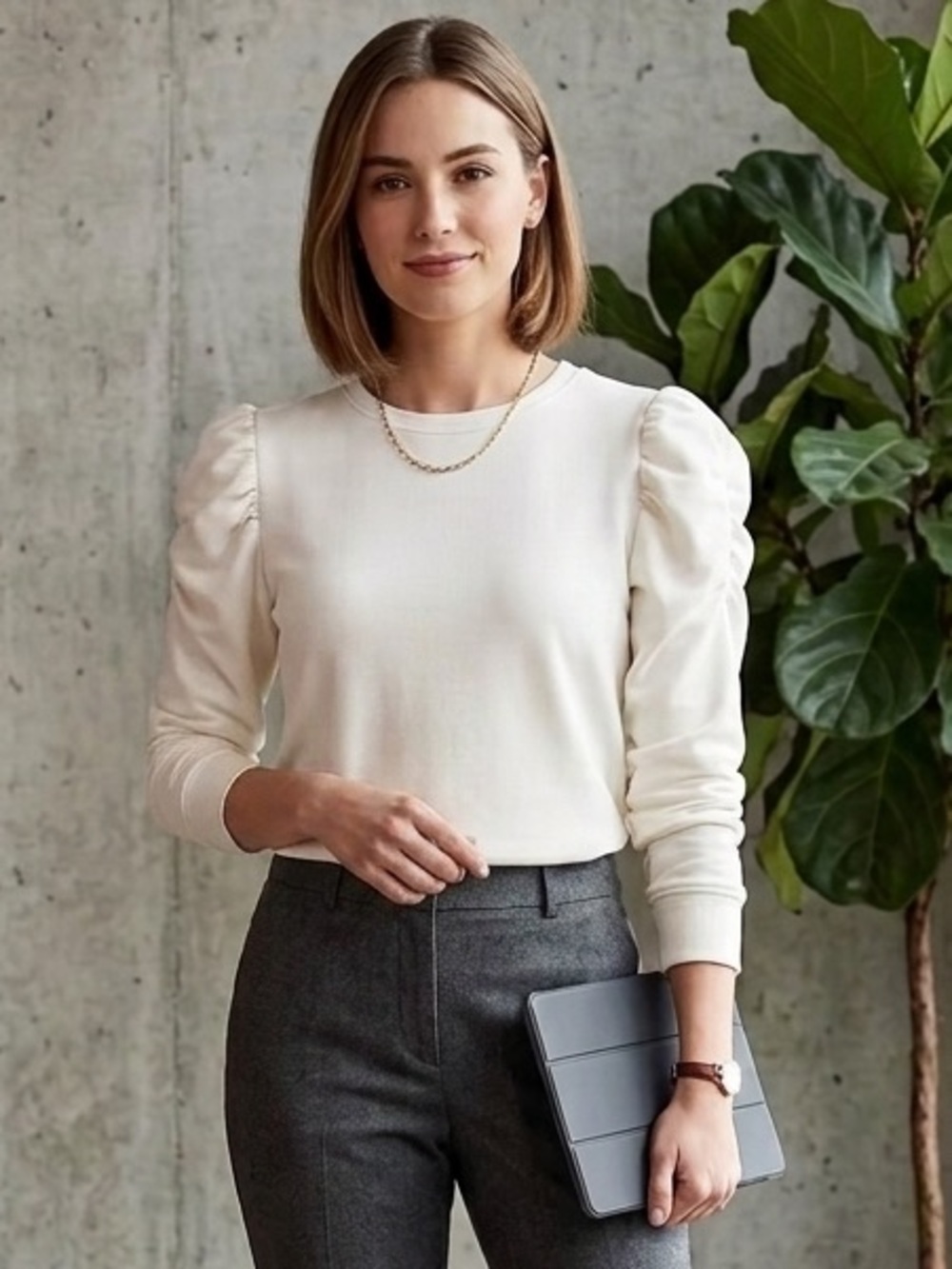 RW&CO. Ivory Statement Ruched Puff Shoulder Sweatshirt | Size Small